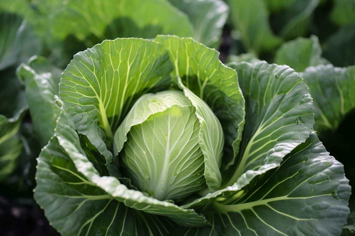 Cabbage growing in an urban garden. Cabbage leaves and head close up. Generative AI photo