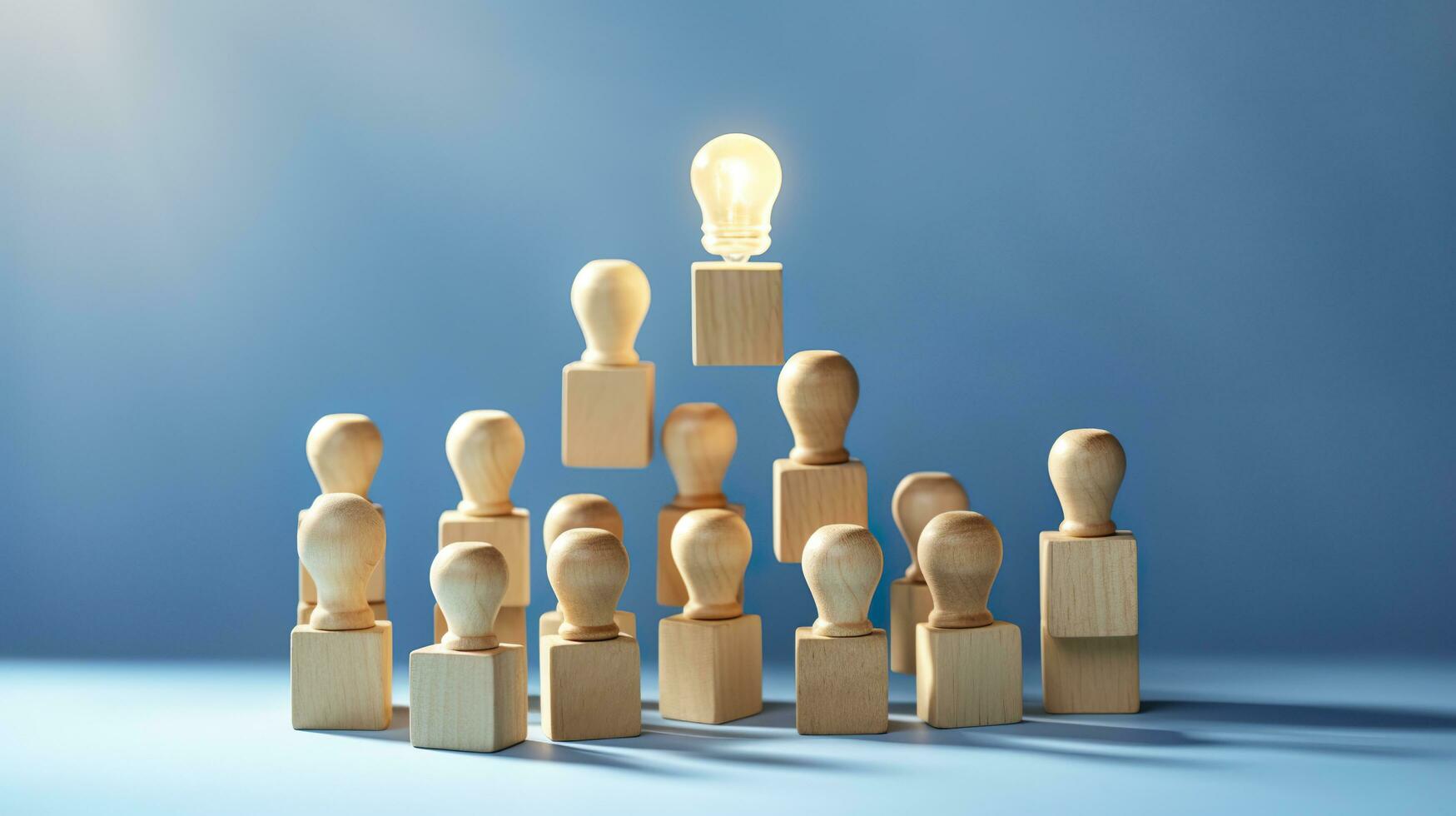 Many wooden cubes with people symbols and one with a lightbulb symbol on blue background. AI Generative photo