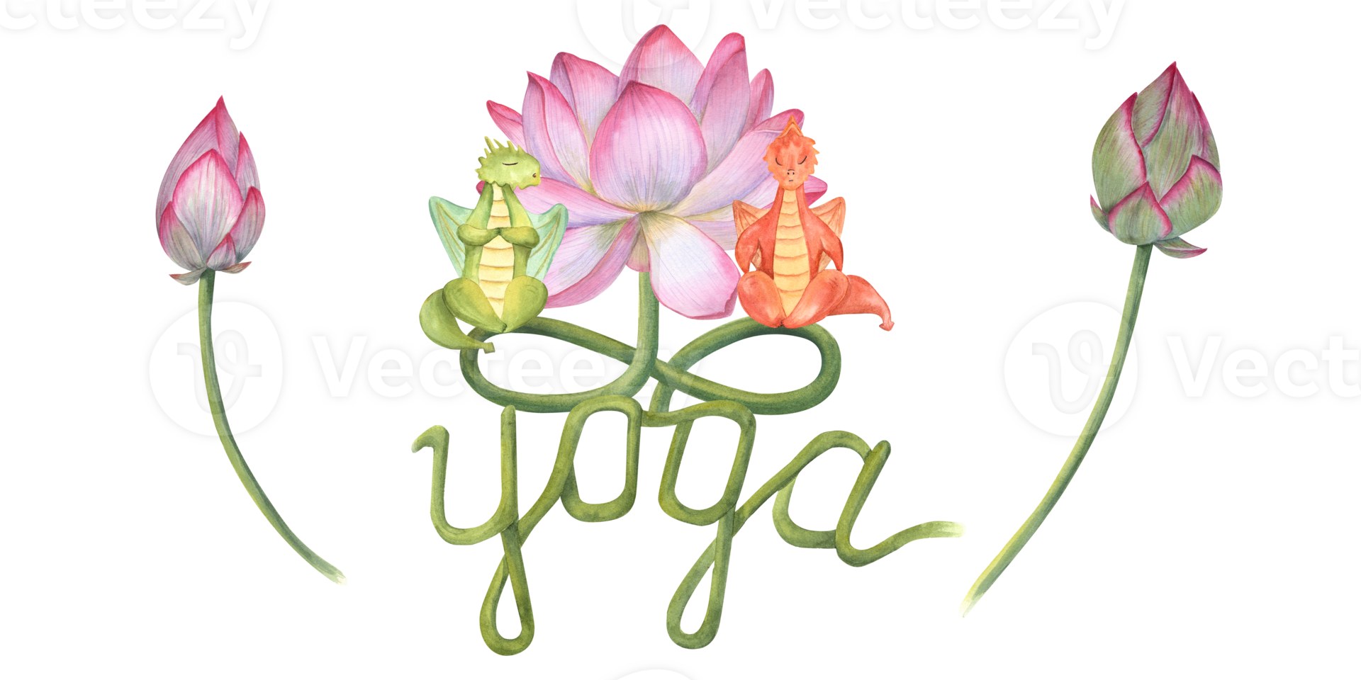 Cartoon Dragons sitting in lotus pose on lotus stems. Dinosaur meditation. Water lily, buds, the word yoga. Colored Dragons practicing fitness exercises. Watercolor illustration png