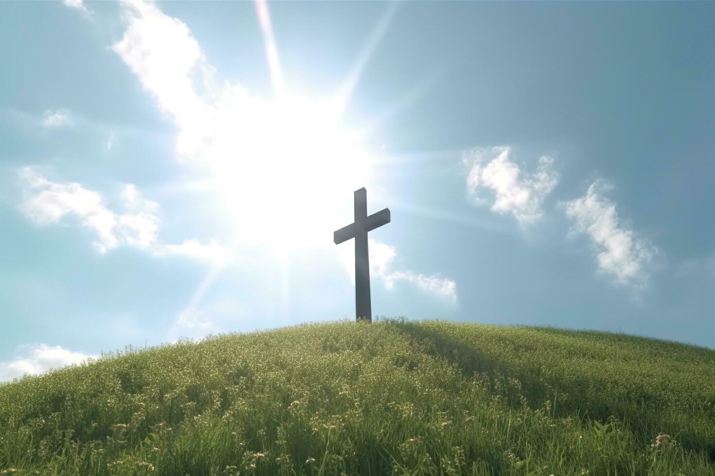 The cross of God with green Leaf, in the rays of the sun and blue sky. Cross on the hill with green trees and graeen natural view. Religious concept, AI Generative photo