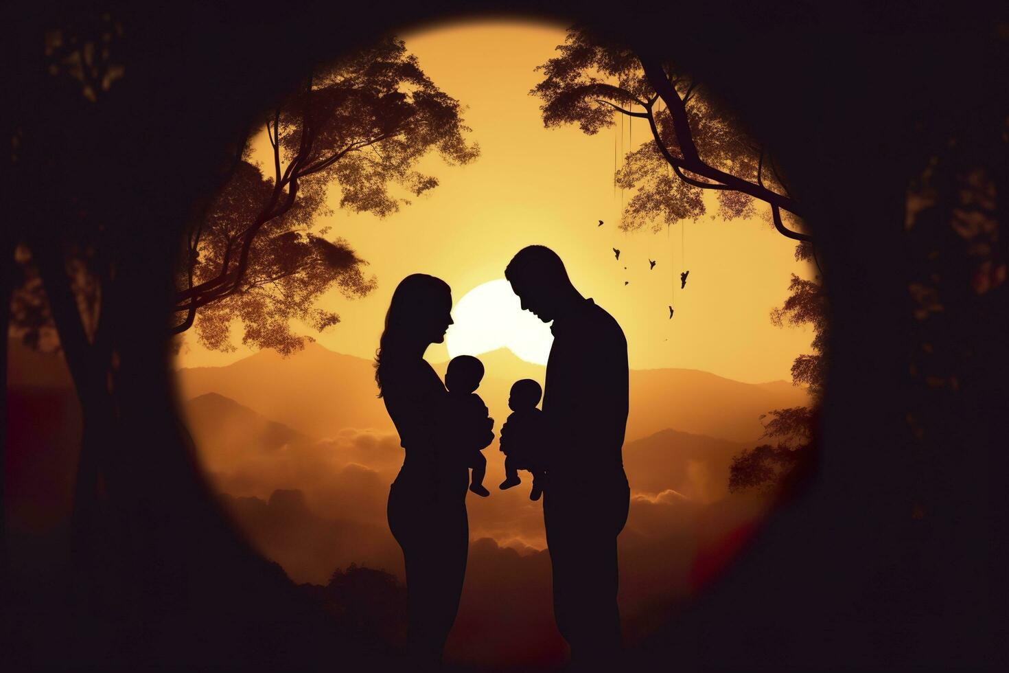 Shadow of Happy family together, parents with their little baby at sunset. A Silhouette of Love and Unity. AI Generative photo