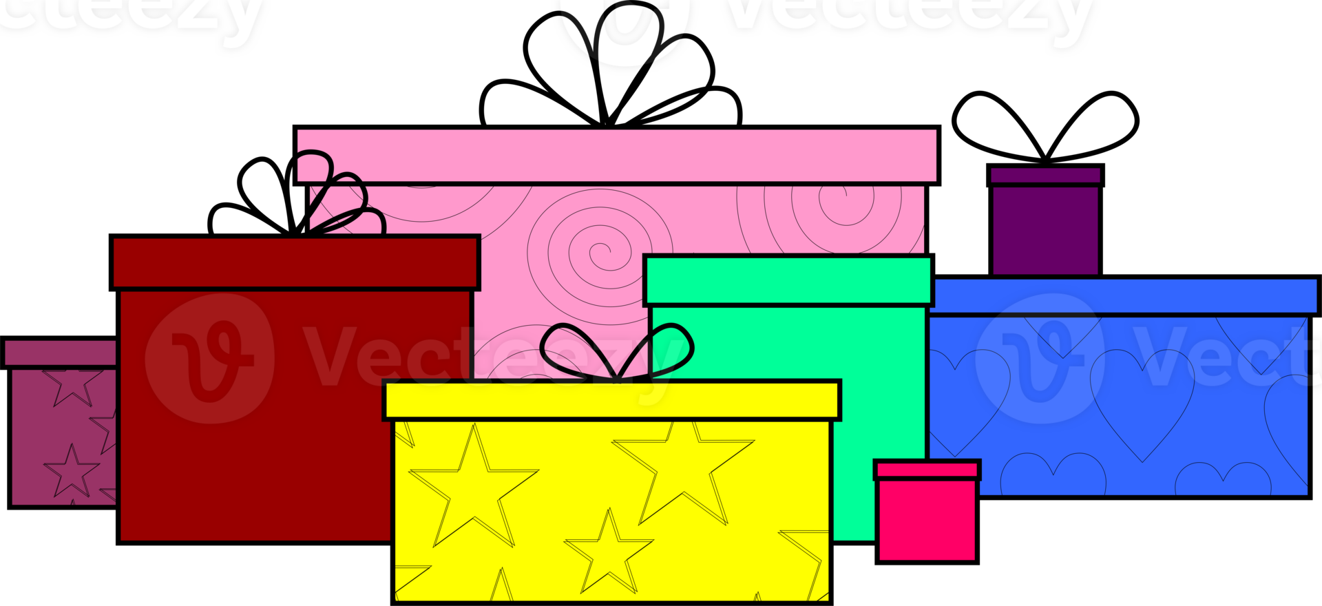 simple graphic drawing of multicolored gift boxes with black outline in different sizes, isolated element, decor png
