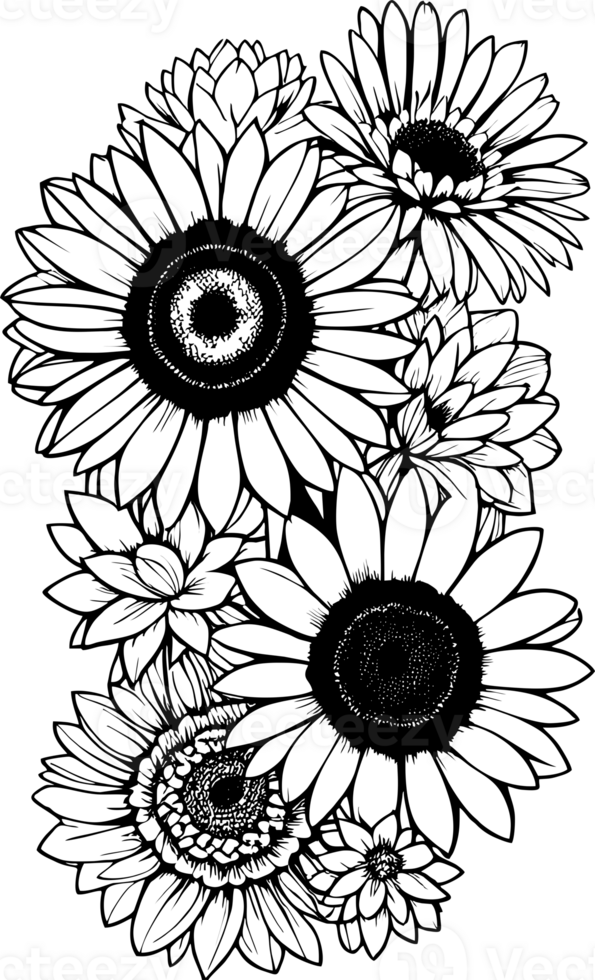 black graphic drawing of a bouquet of flowers without background, isolated element, decor png