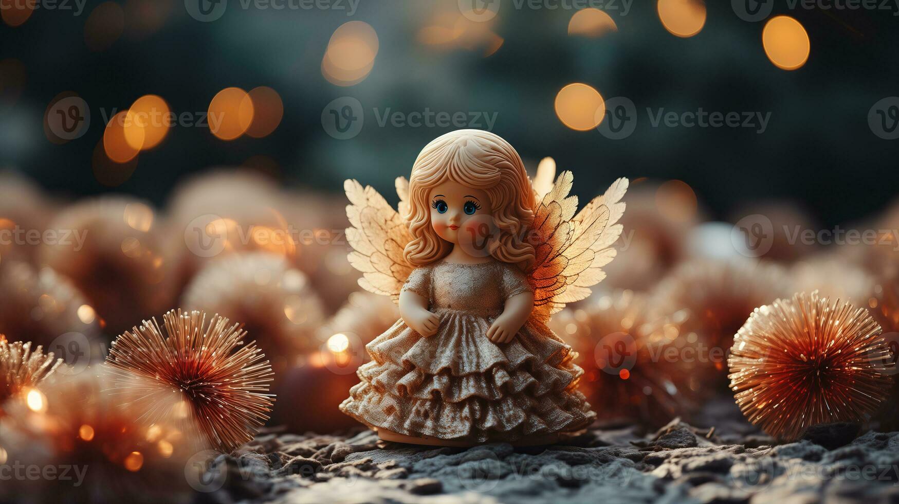 Angel with Christmas decoration on bokeh background. Ai Generated. photo