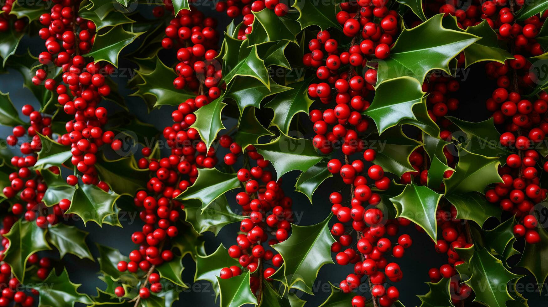 Red berries on a branch decorate Merry Christmas. Ai Generated. photo