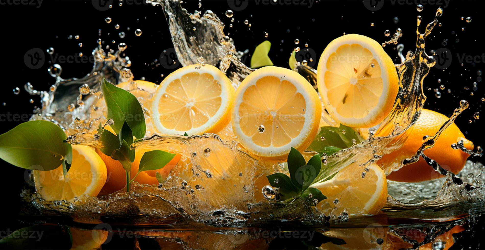 Splash of lemon juice with fresh lemon fruit isolated on black background - AI generated image photo