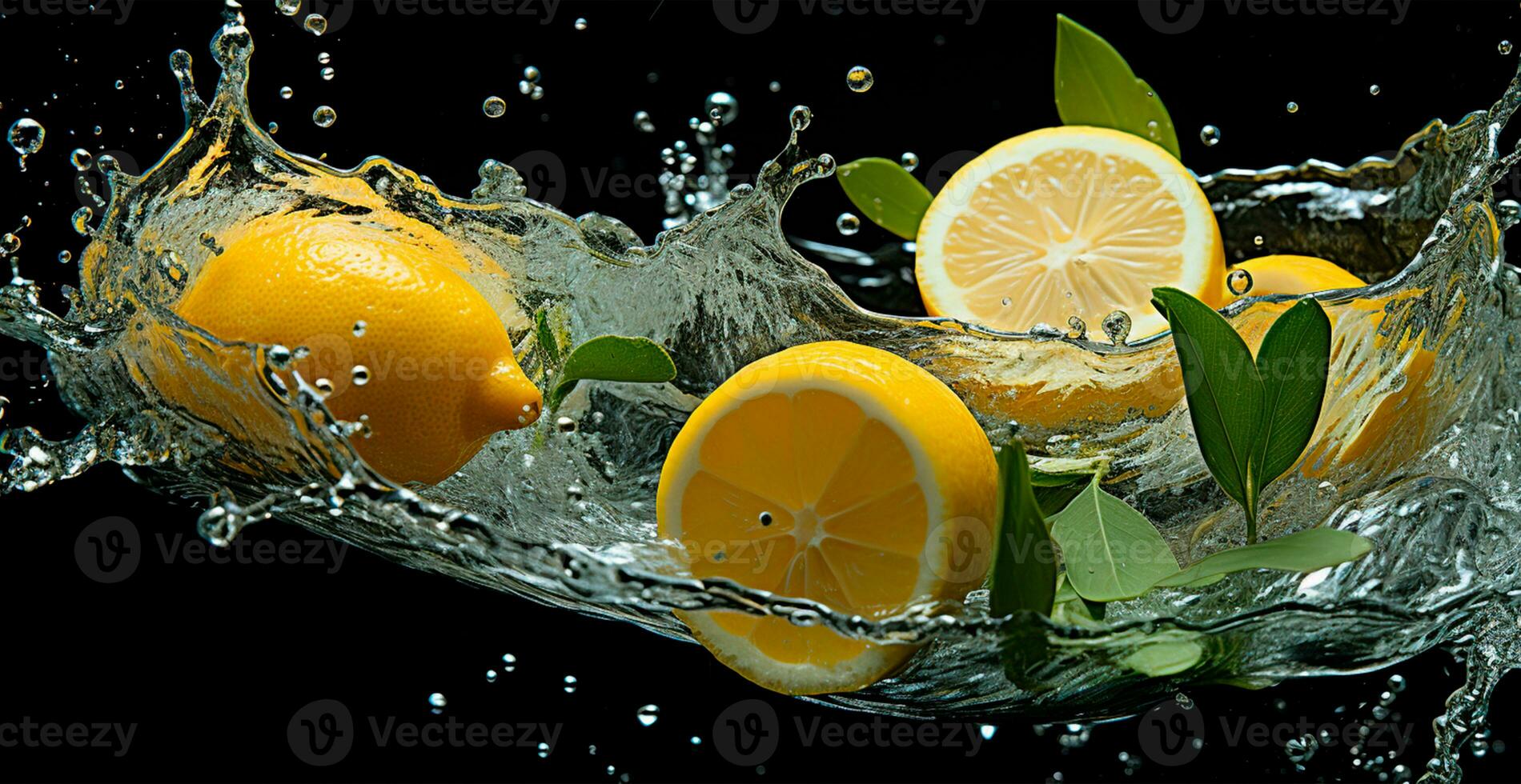 Splash of lemon juice with fresh lemon fruit isolated on black background - AI generated image photo