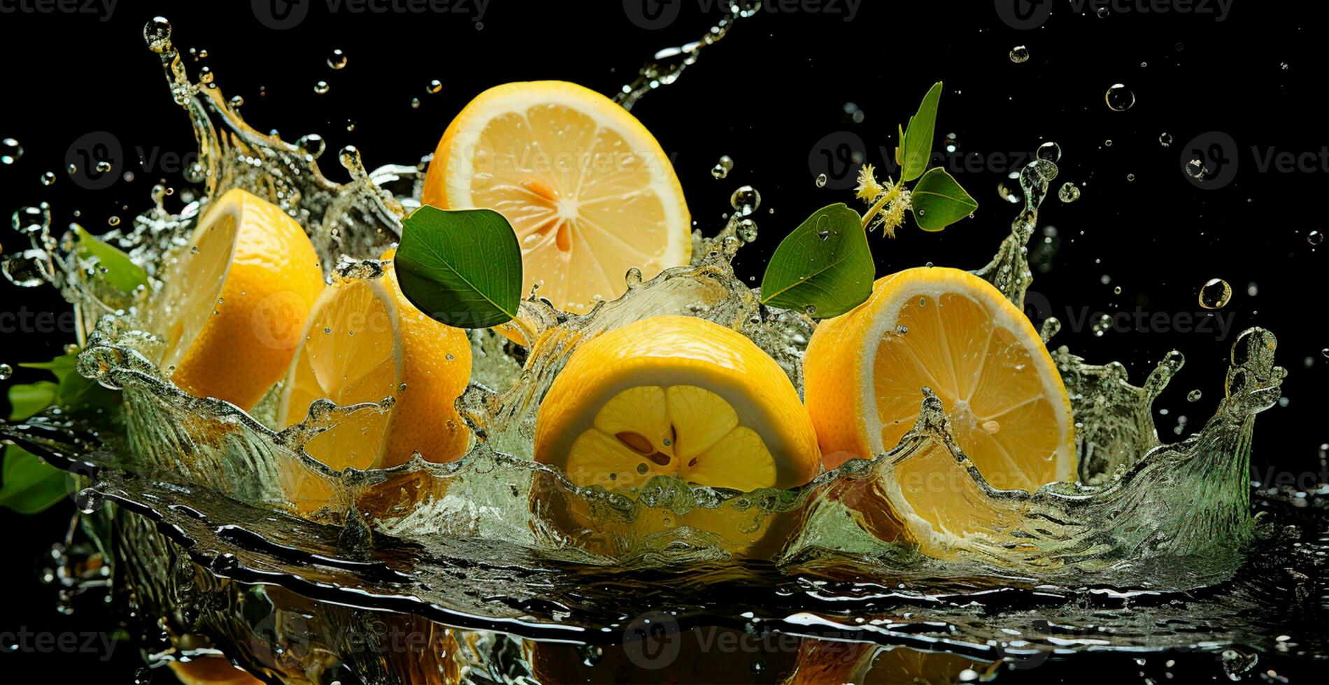 Splash of lemon juice with fresh lemon fruit isolated on black background - AI generated image photo