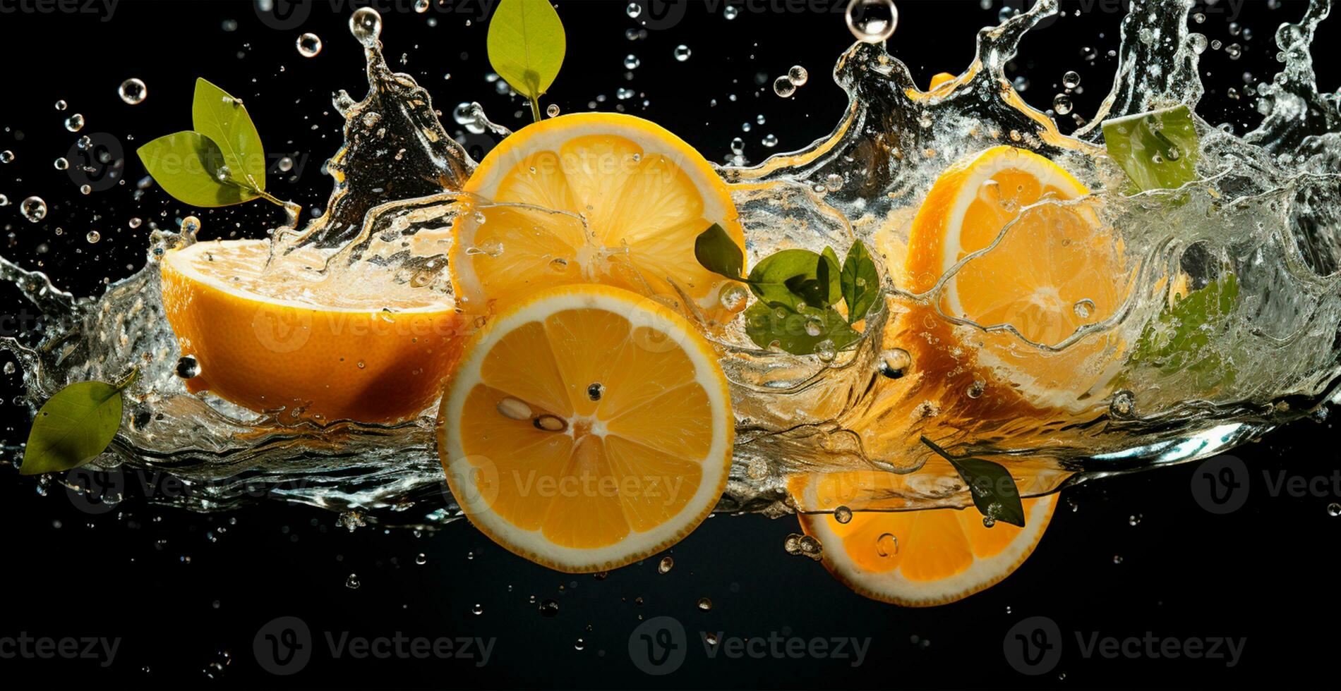 Splash of lemon juice with fresh lemon fruit isolated on black background - AI generated image photo