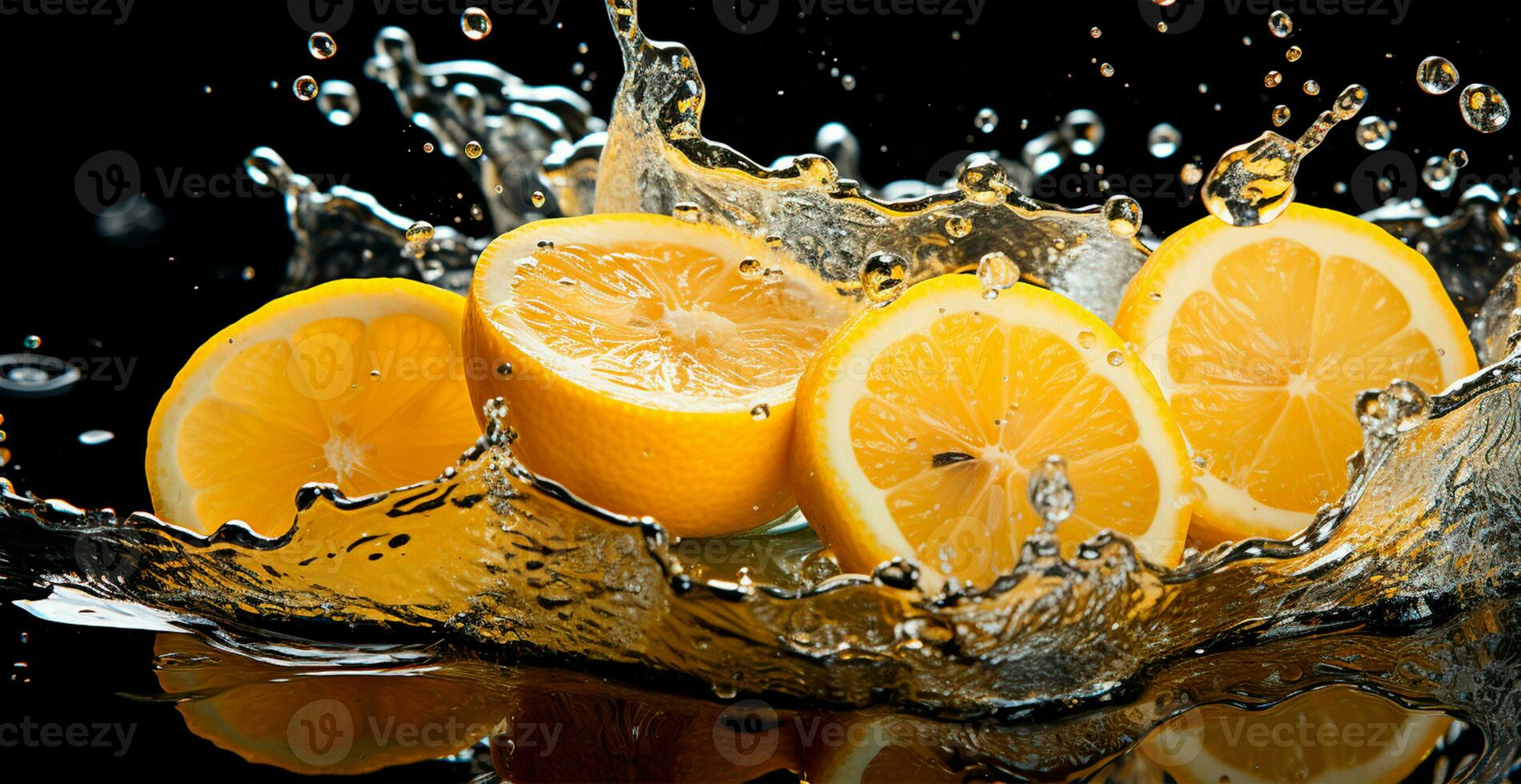 Splash of lemon juice with fresh lemon fruit isolated on black background - AI generated image photo