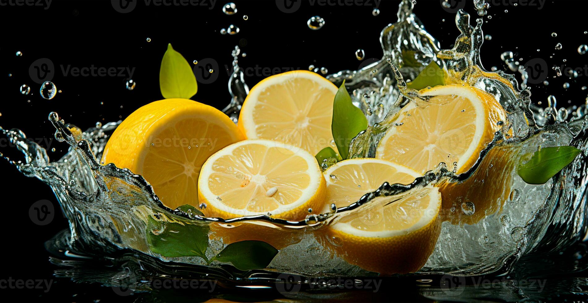 Splash of lemon juice with fresh lemon fruit isolated on black background - AI generated image photo