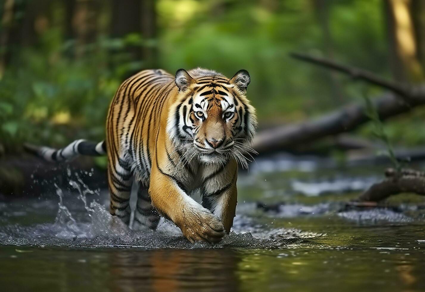 Amur tiger walking in the water. Dangerous animal.  Animal in a green forest stream. Generative AI photo