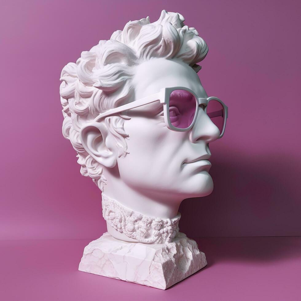 el cabeza de un blanco mitológico estatua con de moda rosado lentes en su ojos, marco en perfil. ai generativo foto