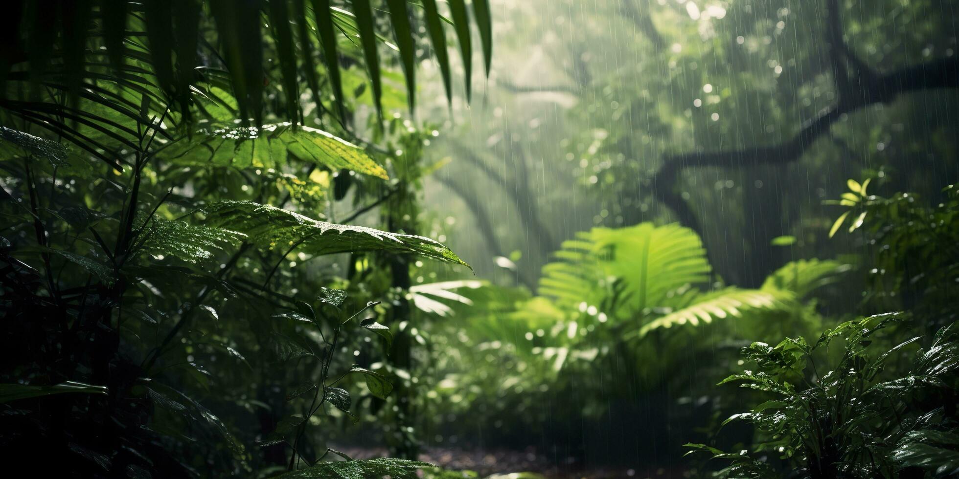 Rain falls in a rainforest with the rain drops. Generative AI photo