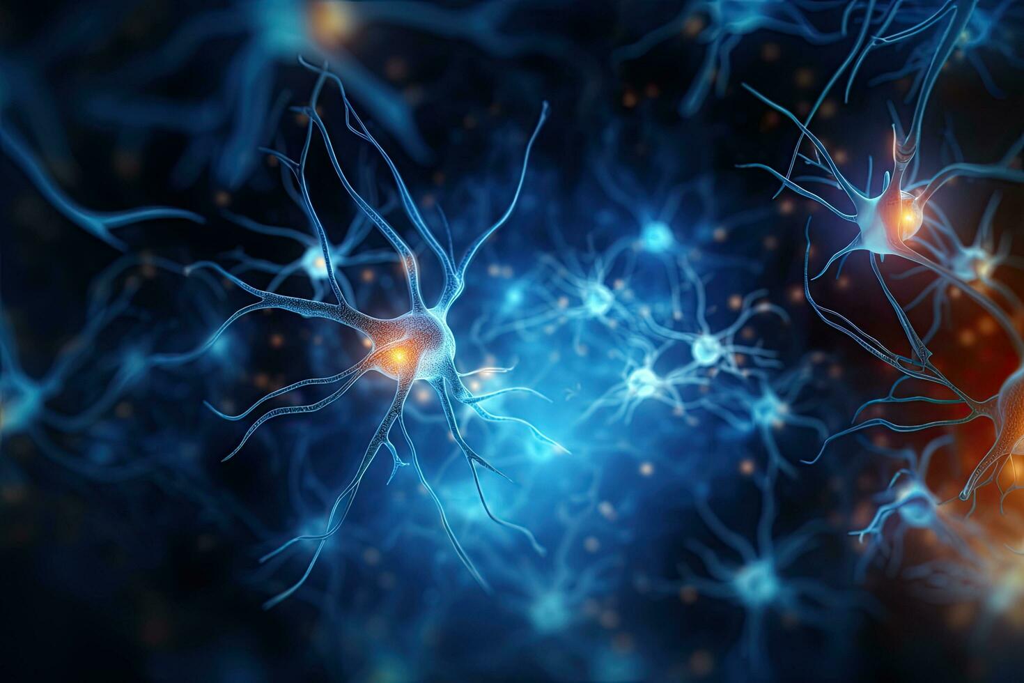 Neuron cell, 3d illustration, computer generated, scientific background, Neurons and nervous system. Nerve cells background with copy space, AI Generated photo