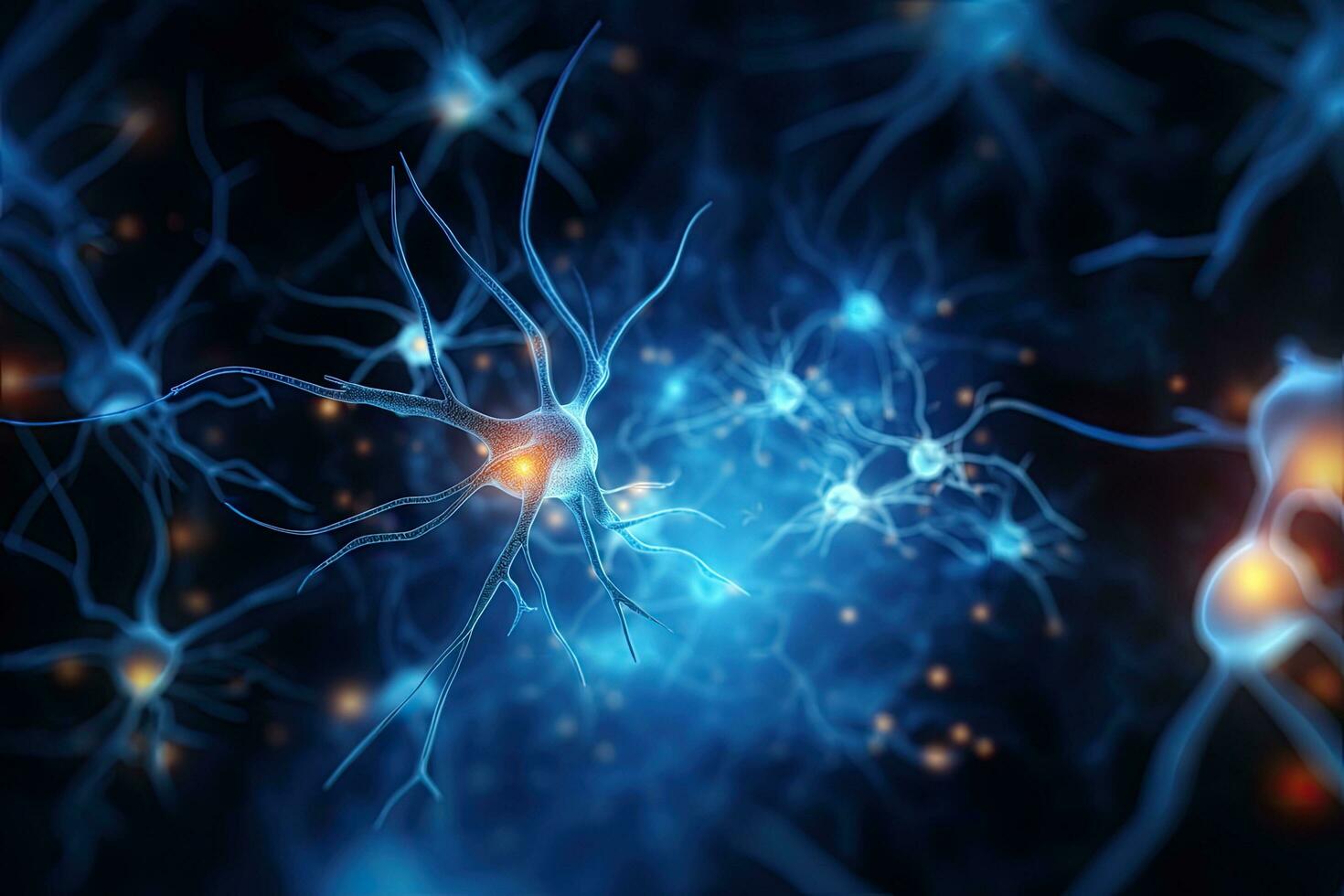 Conceptual image of neurons and nervous system. 3d rendering, Neurons and nervous system. Nerve cells background with copy space, AI Generated photo