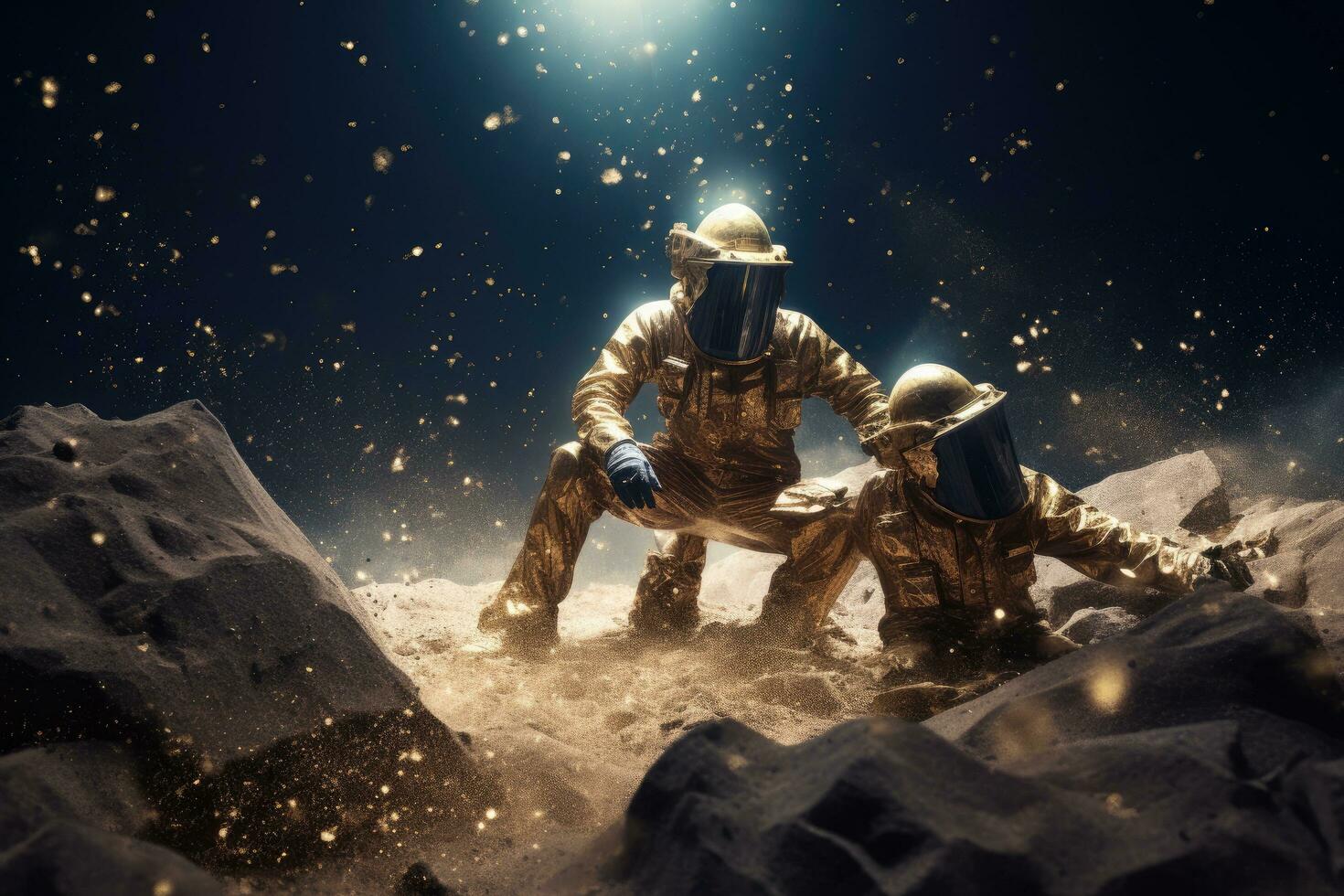 Astronaut in space suit and gas mask on planet surface. Mixed media, mining gold, AI Generated photo
