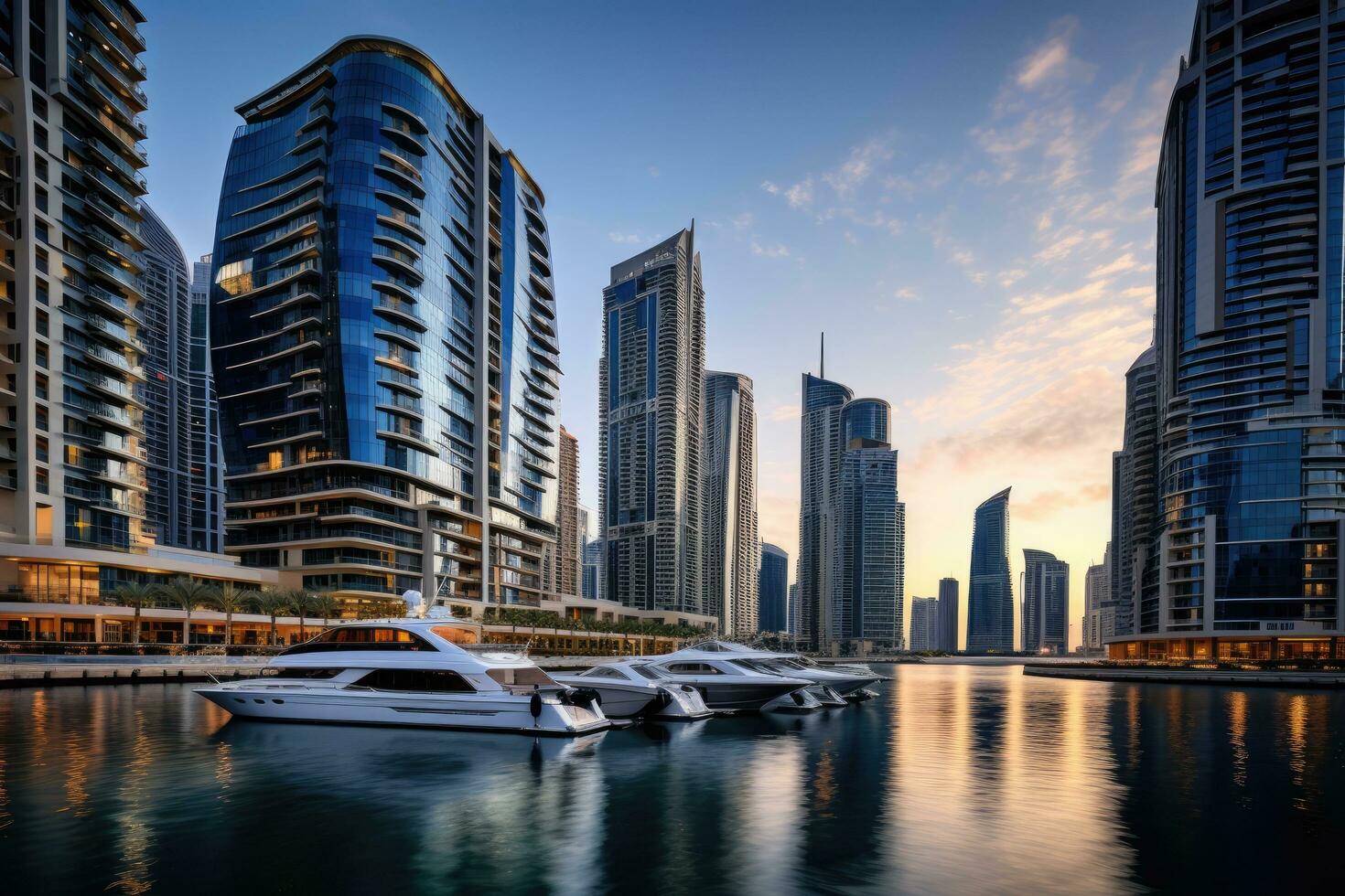 Dubai Marina at sunset in Dubai, UAE. Dubai was the fastest developing city in the world between 2002 and 2008, Modern buildings in Dubai Marina, Dubai, AI Generated photo