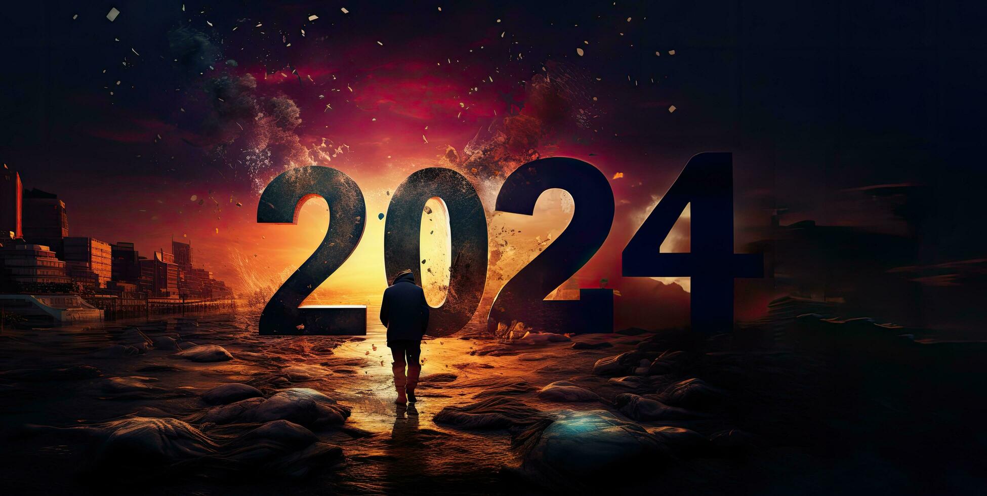silueta de empresario en pie en frente de nuevo año 2024 fondo, contento nuevo año 2024 escrito con brillar Fuegos artificiales en negro fondo, ai generado foto