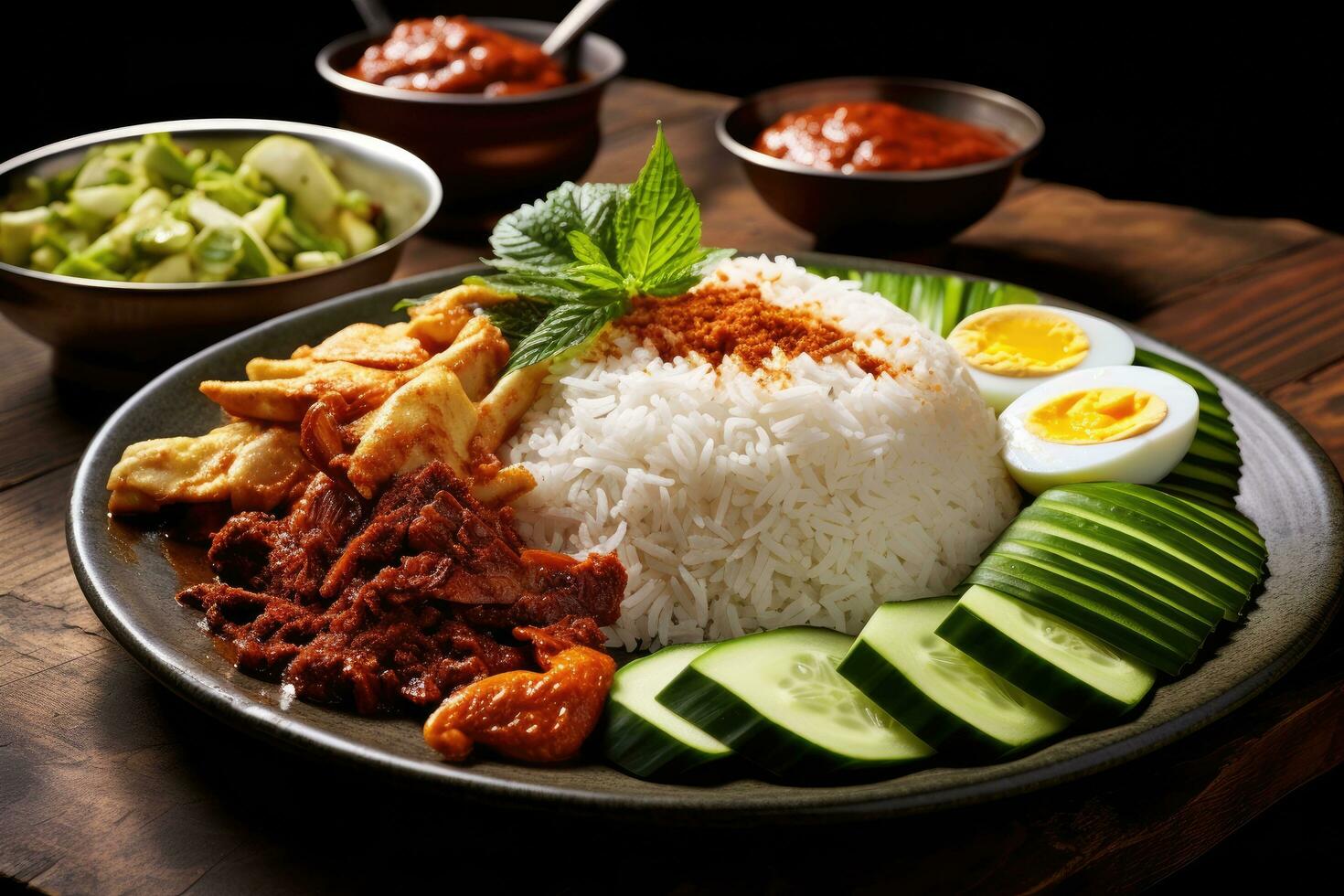 Rice with beef, cucumber, egg and other vegetables, Nasi Lemak wrapped in banan leaf. Malaysian Food and Malaysia Flag, AI Generated photo