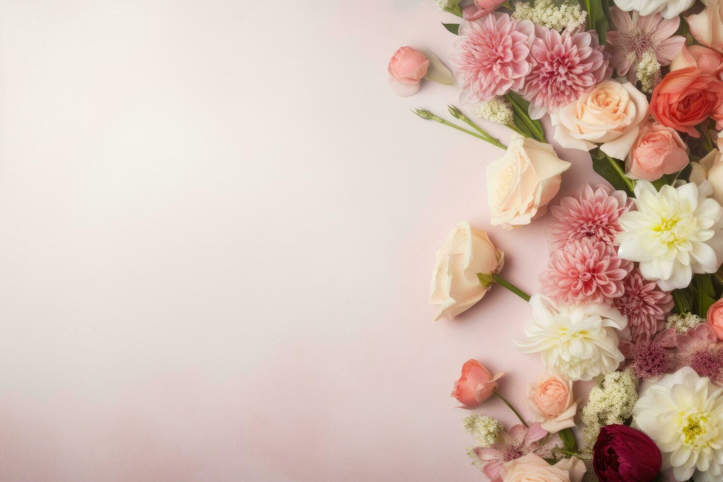 Bouquet of flowers on pastel pink background with copy space, Mothers day spring flowers with copy space, AI Generated photo