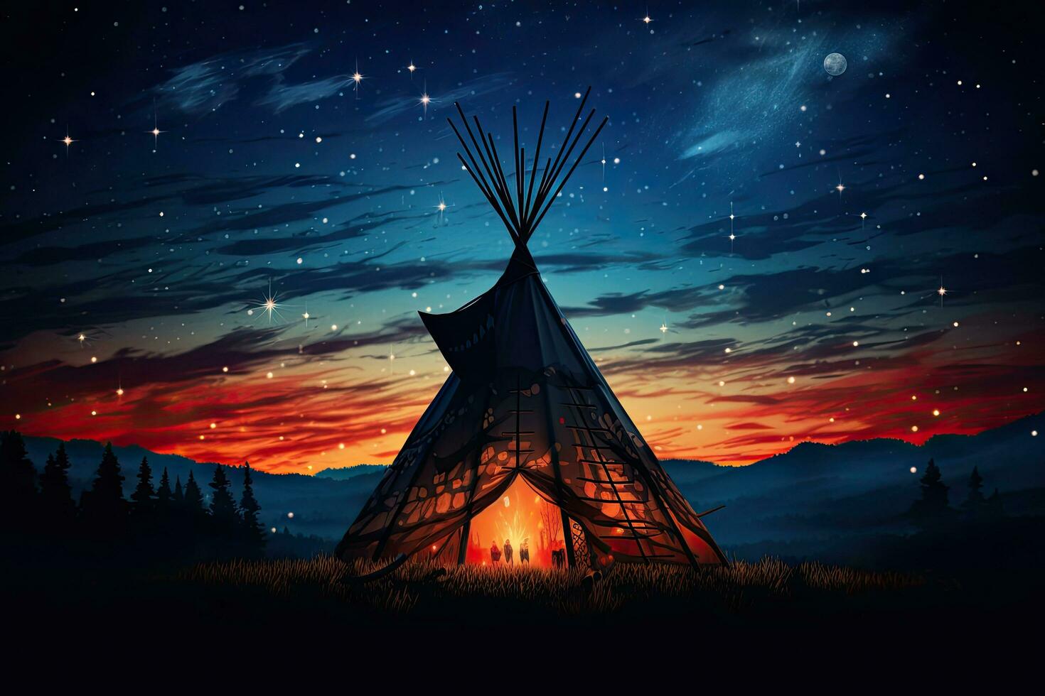 silueta de indio tipi a noche. vector ilustración, nativo americano indio tipi a noche con estrellado cielo, ai generado foto