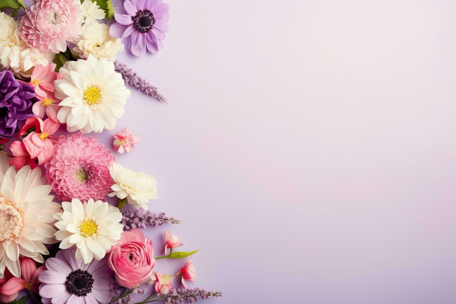 Beautiful bouquet of different flowers on a purple background, top view, Mothers day spring flowers with copy space, AI Generated photo