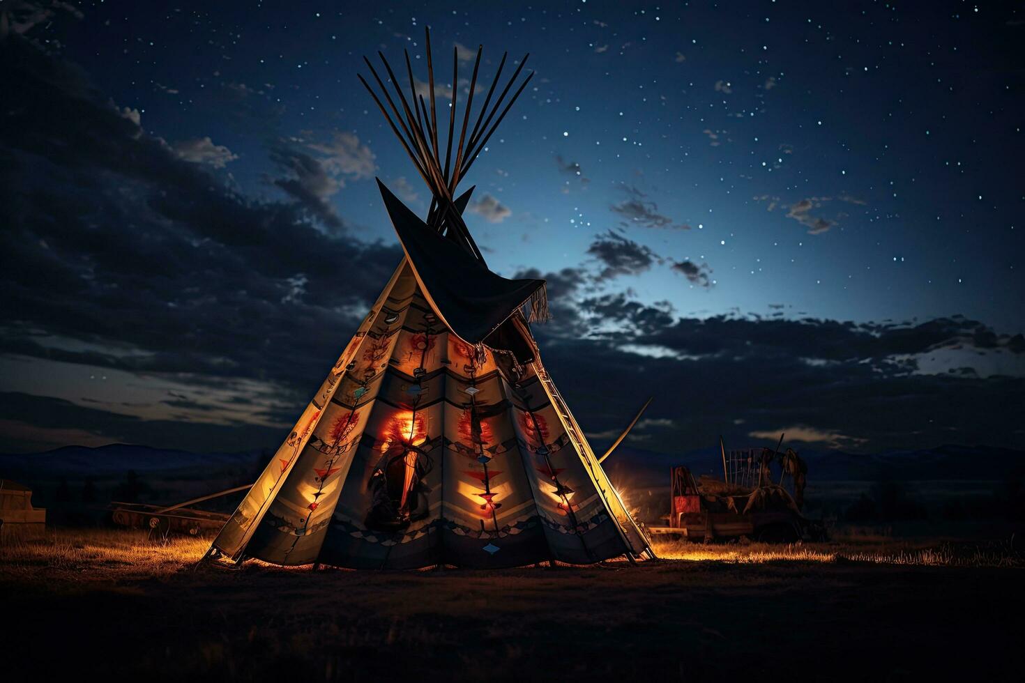 Native american indian teepee at night. 3D rendering, Native american indian teepee at night with starry sky, AI Generated photo