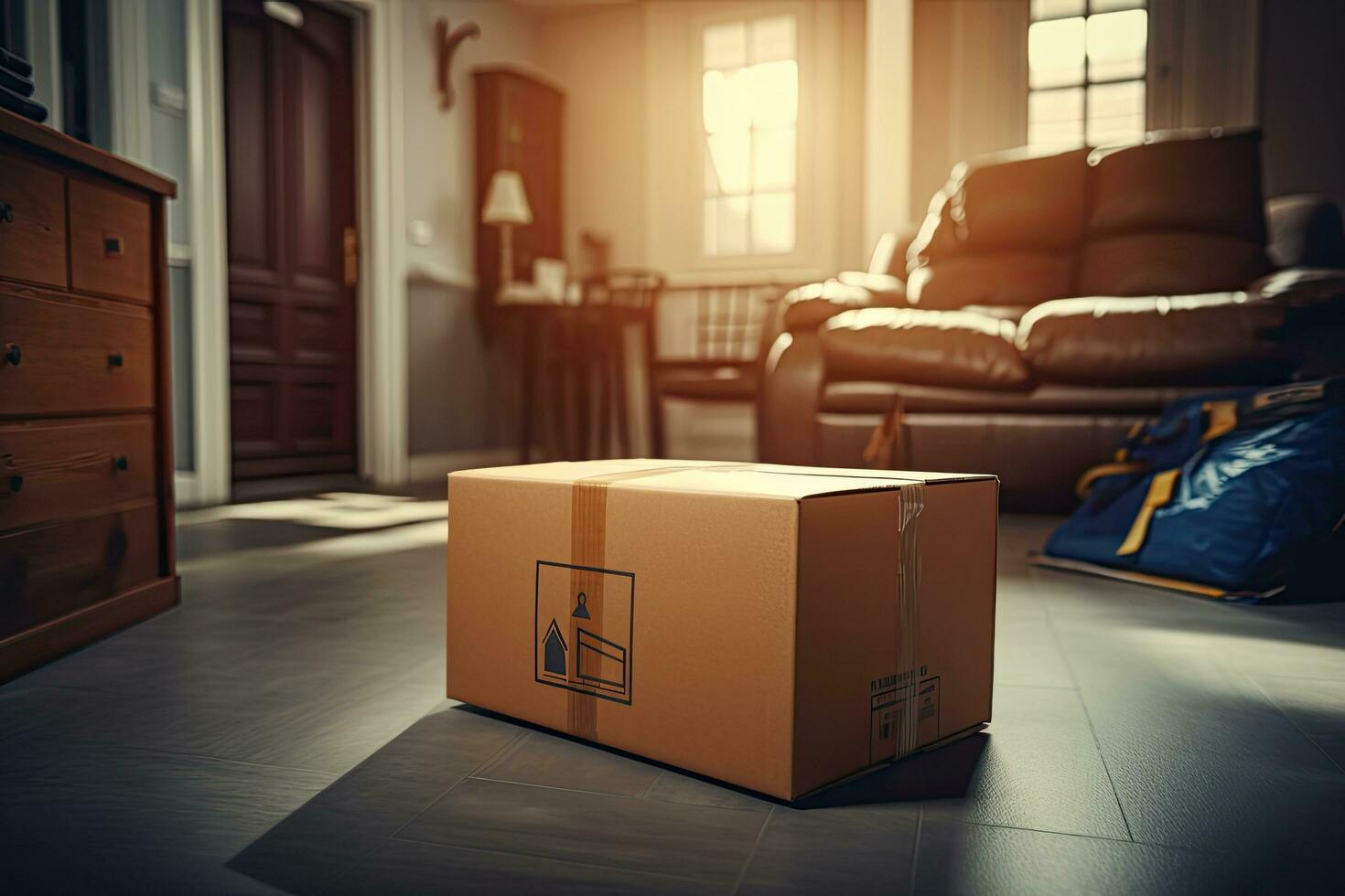 Cardboard box on floor in living room at home. 3d rendering, Moving house, relocation. The key was inserted into the door of the new house, inside the room was, AI Generated photo