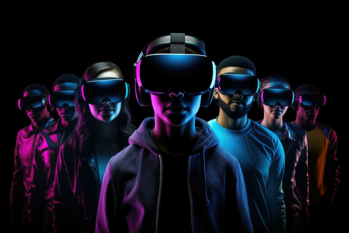 Group of young people in virtual reality headsets on black background. 3D rendering, Modern people wearing VR headsets and standing, With hologram effect, full face, AI Generated photo