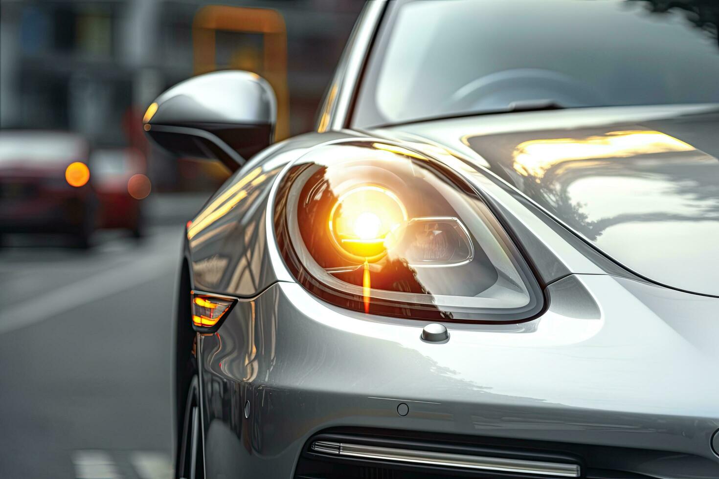 car headlight on the background of the city and the road, Modern silver car parking on the road. Close up. Headlights detail, AI Generated photo