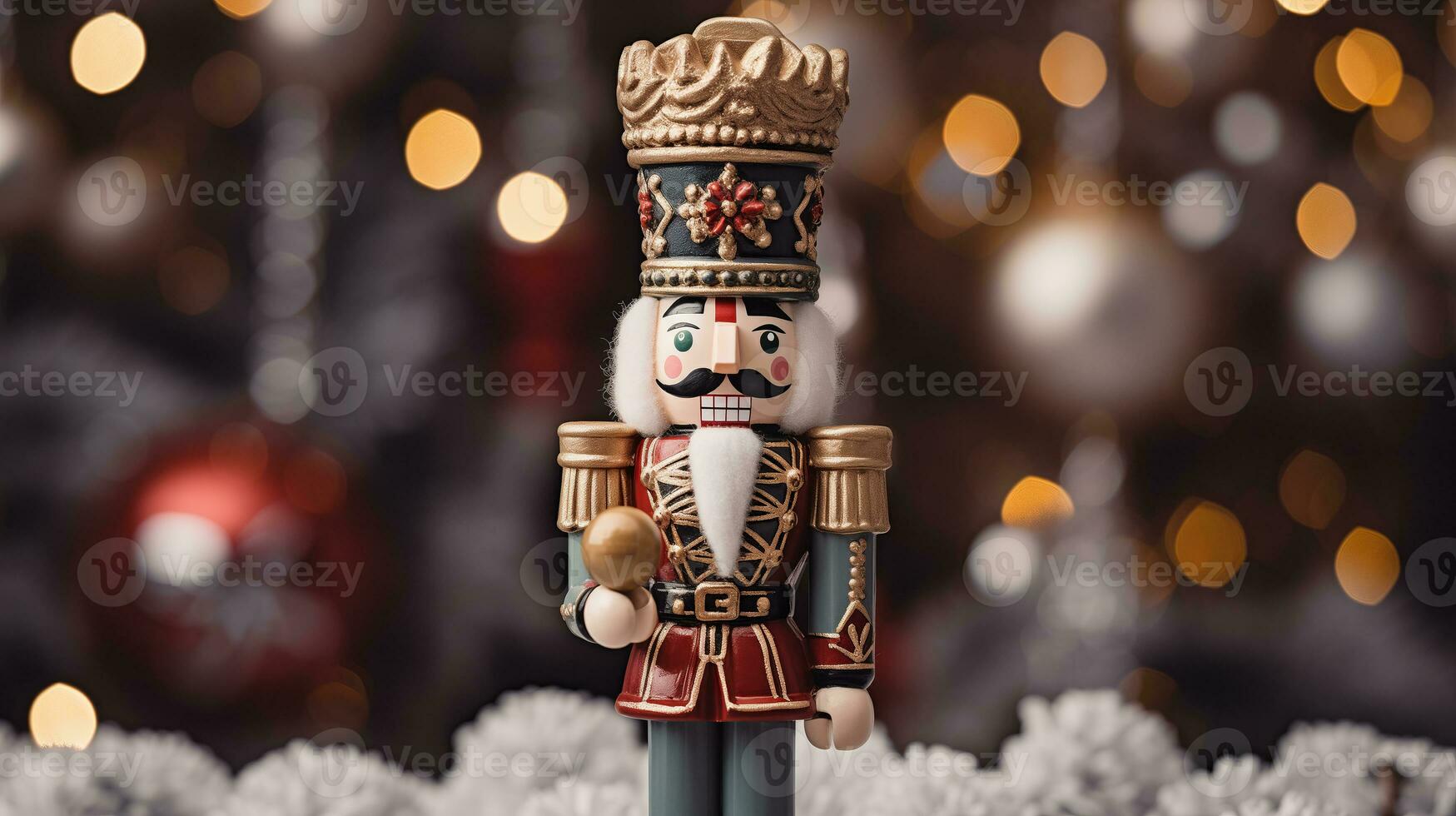 Traditional Wooden Nutcracker decoration on bokeh background. Ai Generated. photo