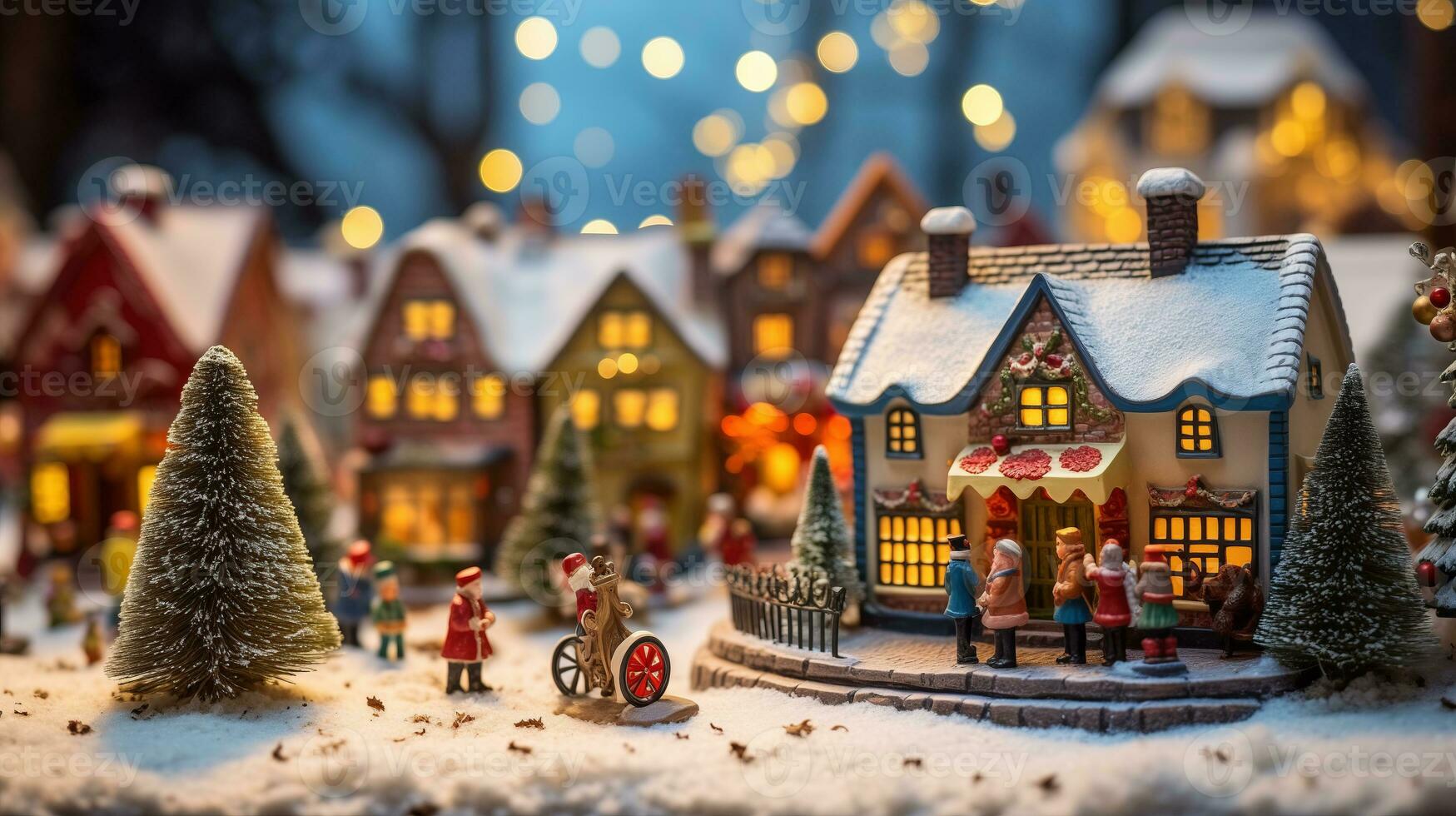 invierno modelo pueblo con nieve en Navidad día. ai generado. foto