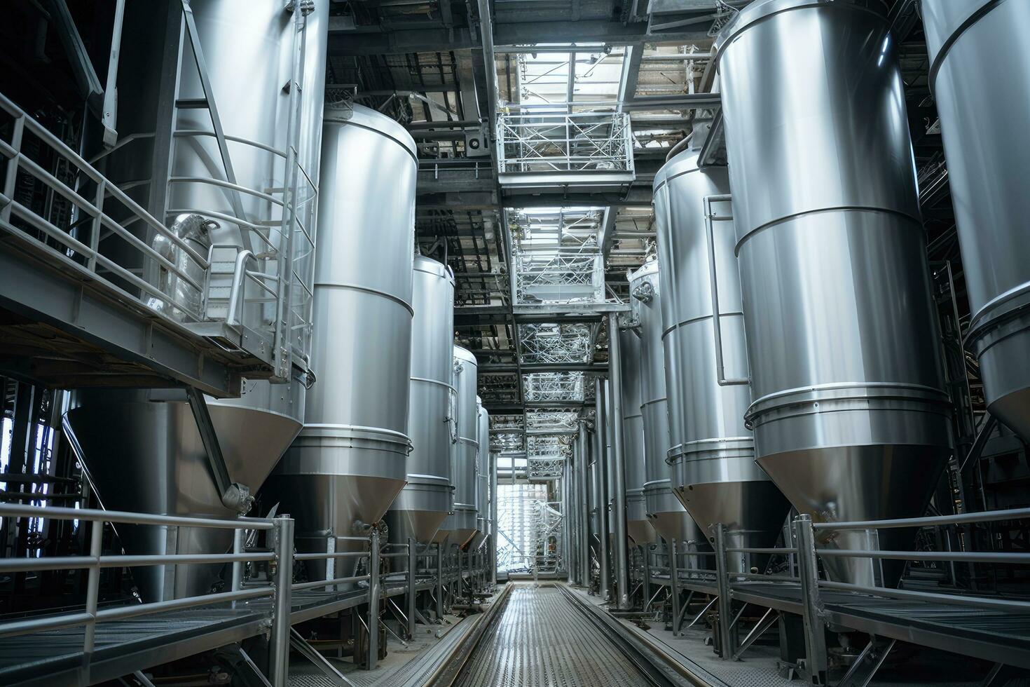 industrial zona, acero oleoductos y cables en azul tonos en un fábrica, moderno granero ascensor. plata silos en agroprocesamiento y fabricación planta , ai generado foto