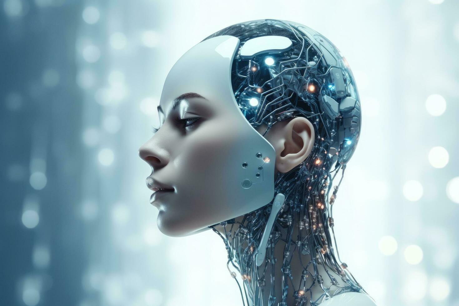 3D rendering of a female cyborg in front of a blue background, Modern AI robot close up view portrait on a digital background, AI Generated photo