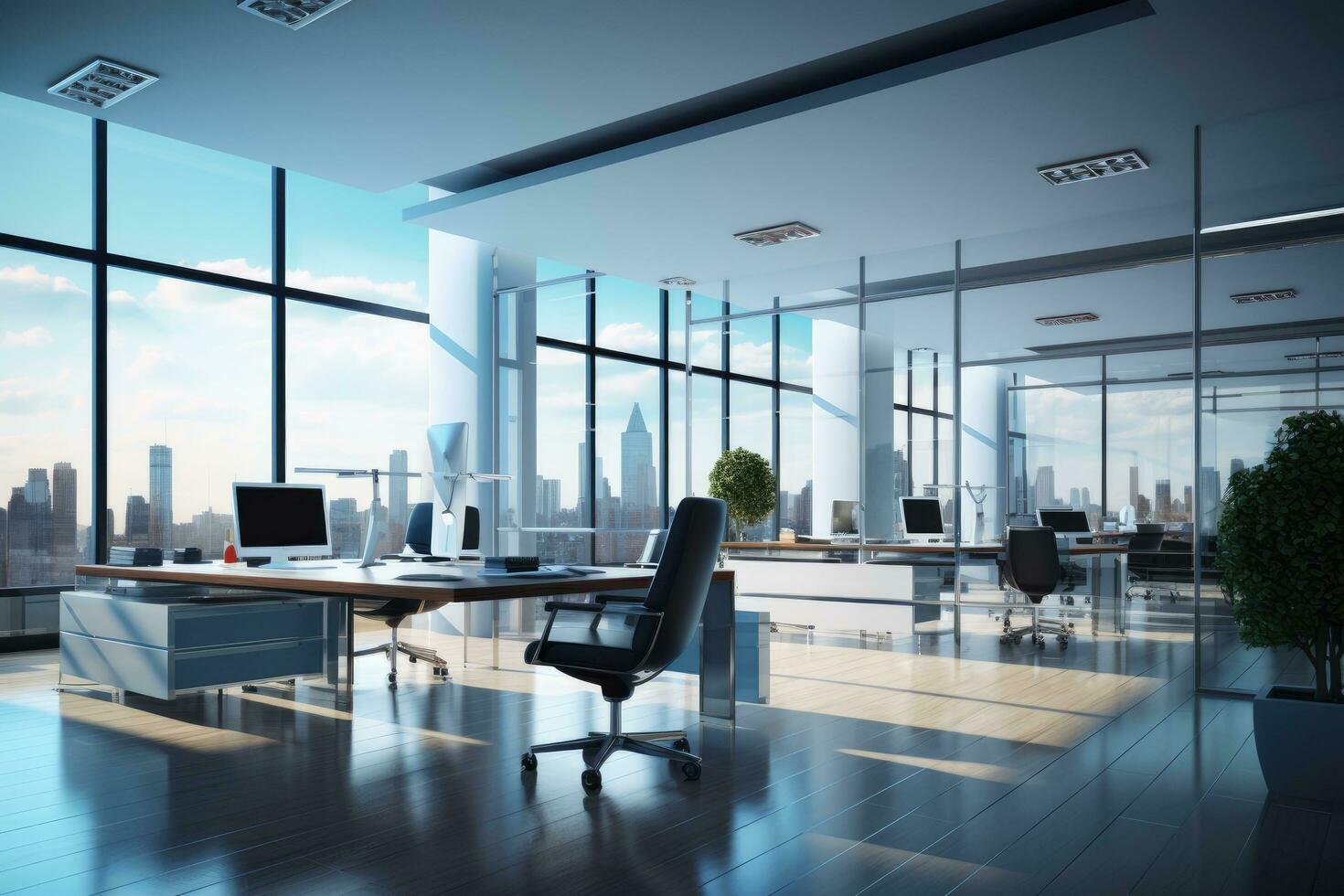 Modern office interior with panoramic city view. 3D Rendering, modern business office interior, 3d rendering, AI Generated photo
