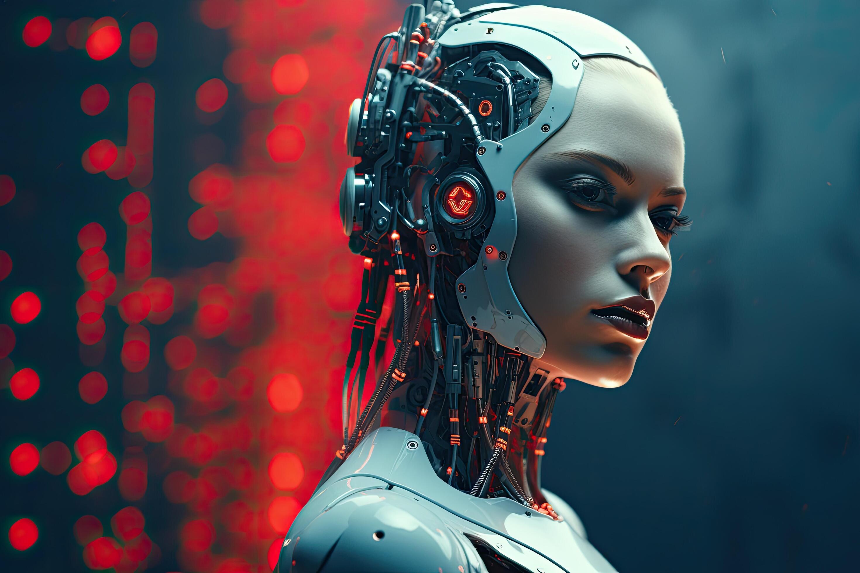 3d rendering of a female robot with red lights in the background
