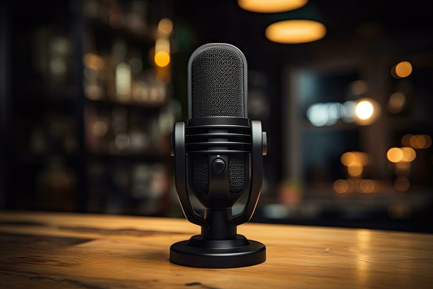 Microphone on a wooden table in a pub or restaurant with a blurred background, Mini desktop mic for gaming, AI Generated photo