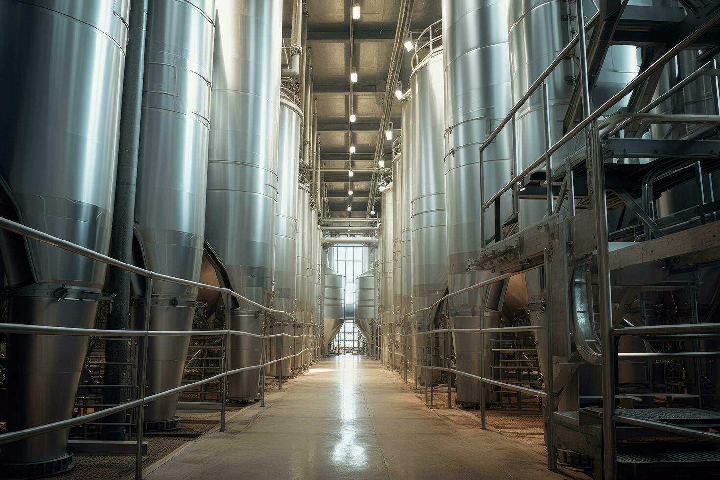 Modern steel silos for storing grain and milk. Industrial background, Modern Granary elevator. Silver silos on agro-processing and manufacturing plant , AI Generated photo