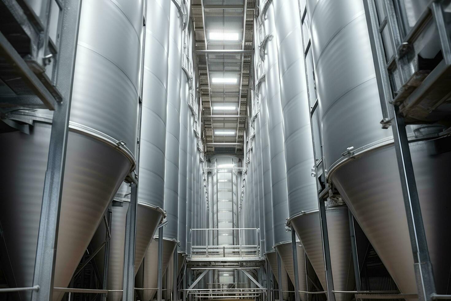 Industrial zone, Steel pipelines, cables and walkways in a factory, Modern Granary elevator. Silver silos on agro-processing and manufacturing plant , AI Generated photo