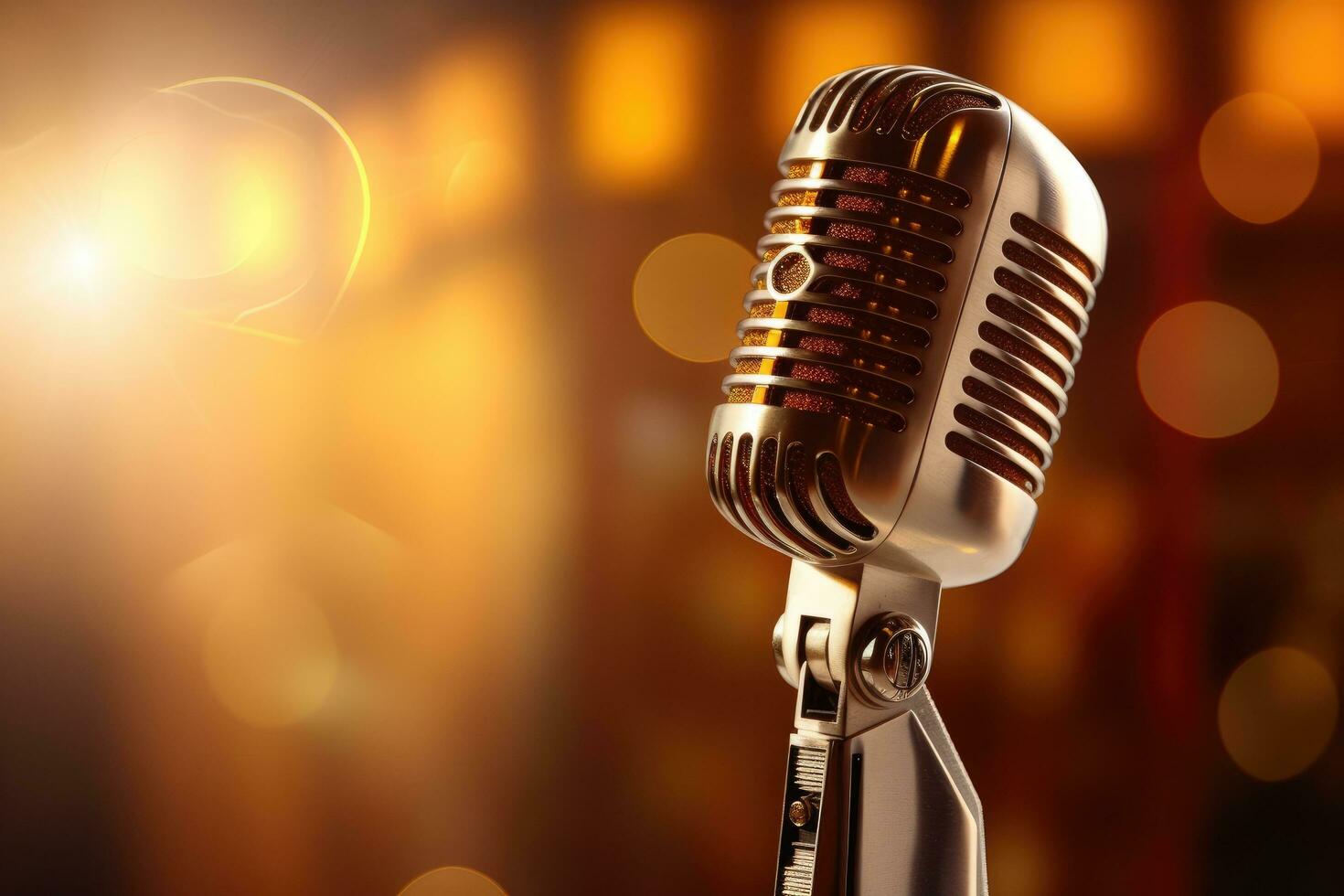 Retro microphone on stage with bokeh background. Music concept, Microphone for singer music background with spot lighting, AI Generated photo