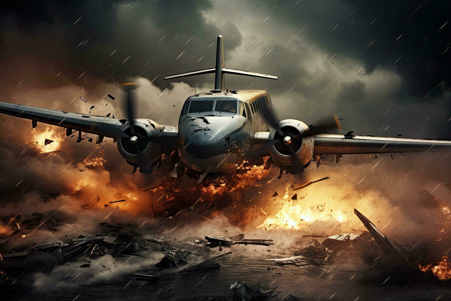 Airplane in a stormy sky. 3d render illustration, Military Plane Crashes In A Storm, AI Generated photo