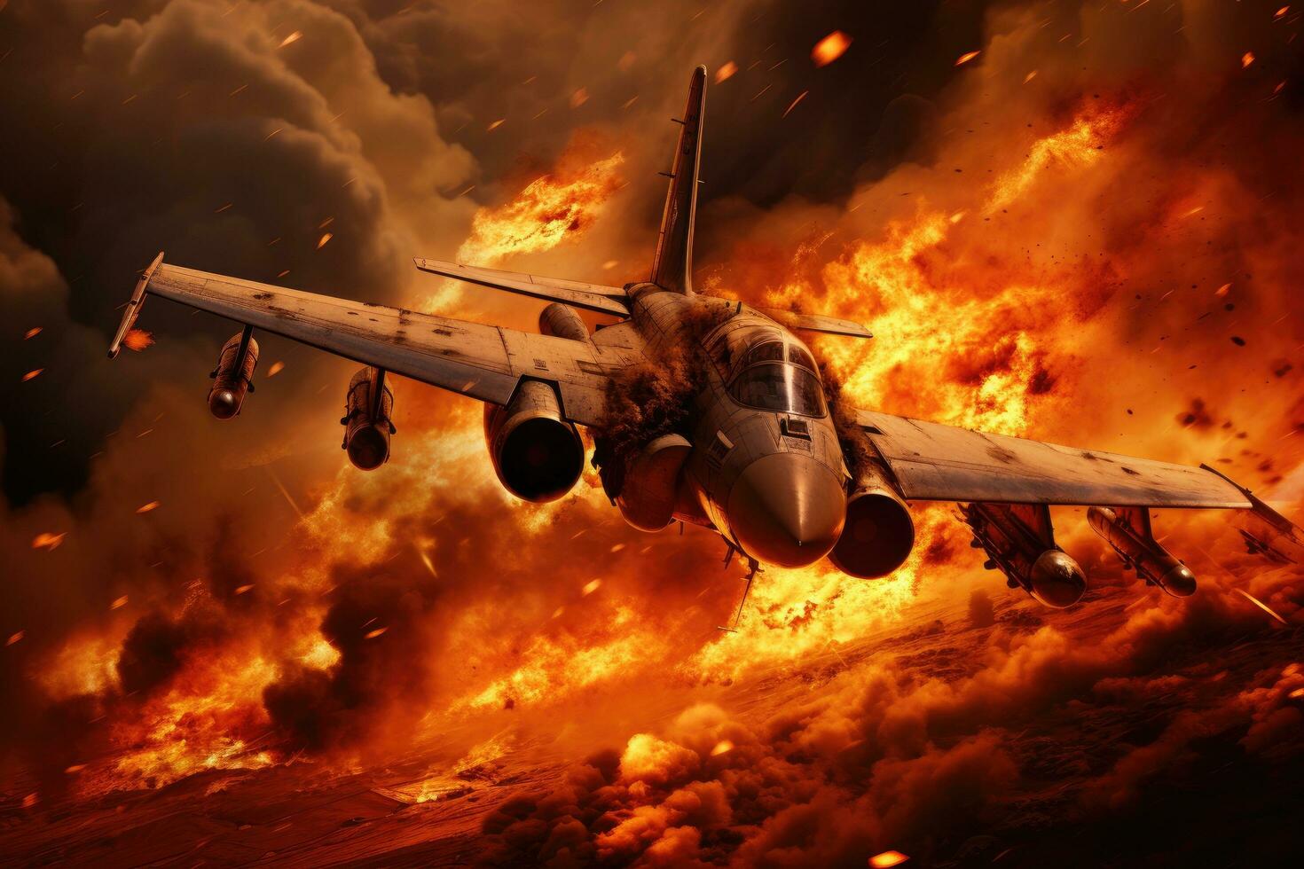 Military fighter jet in the fire. 3d illustration. Elements of this image furnished by NASA, Military jet on fire, AI Generated photo