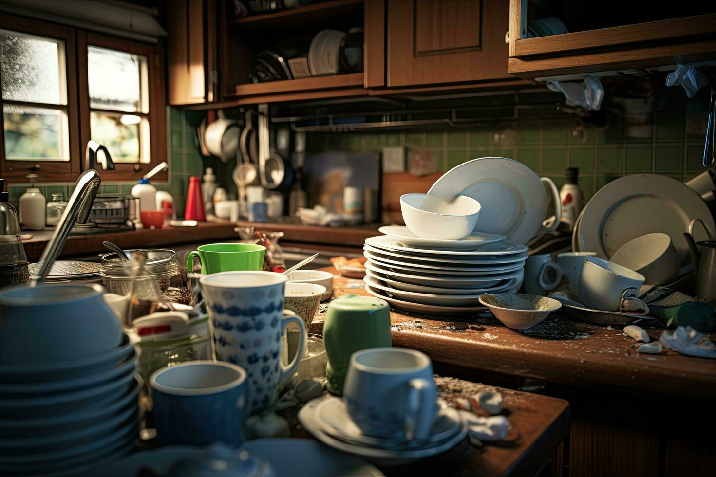 Dirty dishes on the table in the kitchen. Selective focus, Mess in kitchen. Kitchen interior with pile of dirty dishes after dinner, AI Generated photo