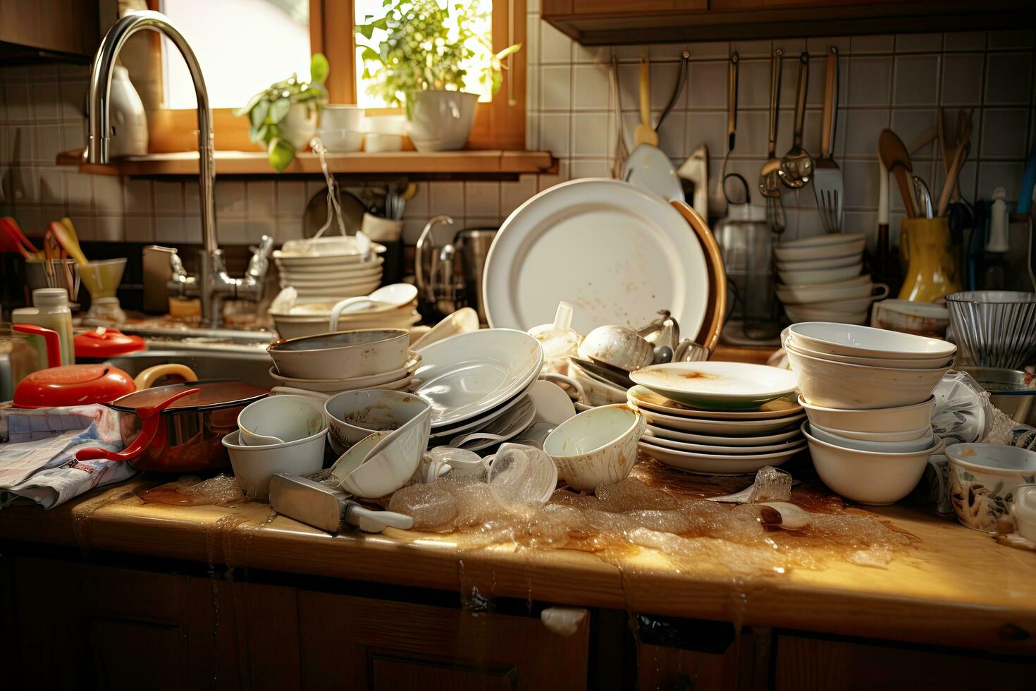 sucio platos en el mesa en el cocina. selectivo enfocar, lío en cocina. cocina interior con pila de sucio platos después cena, ai generado foto