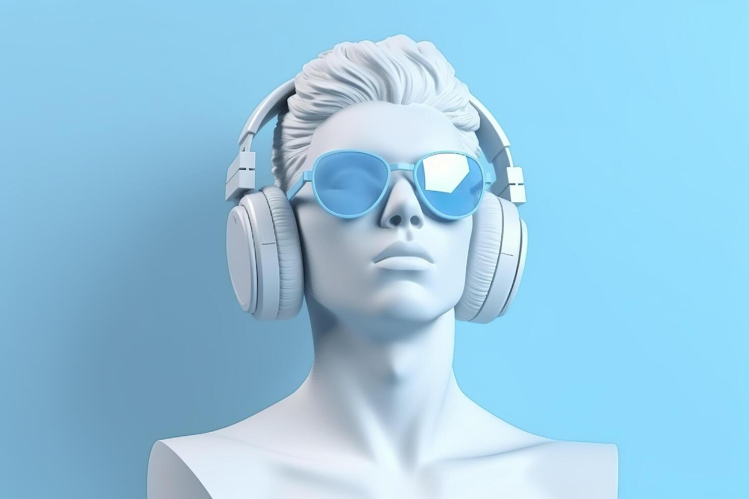 Minimal scene of sunglasses and headphones on human head sculpture ...