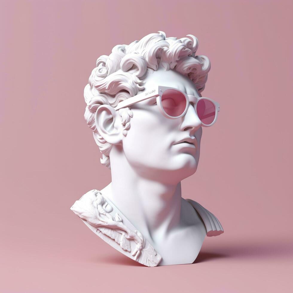 el cabeza de un blanco mitológico estatua con de moda rosado lentes en su ojos, marco en perfil. ai generativo foto