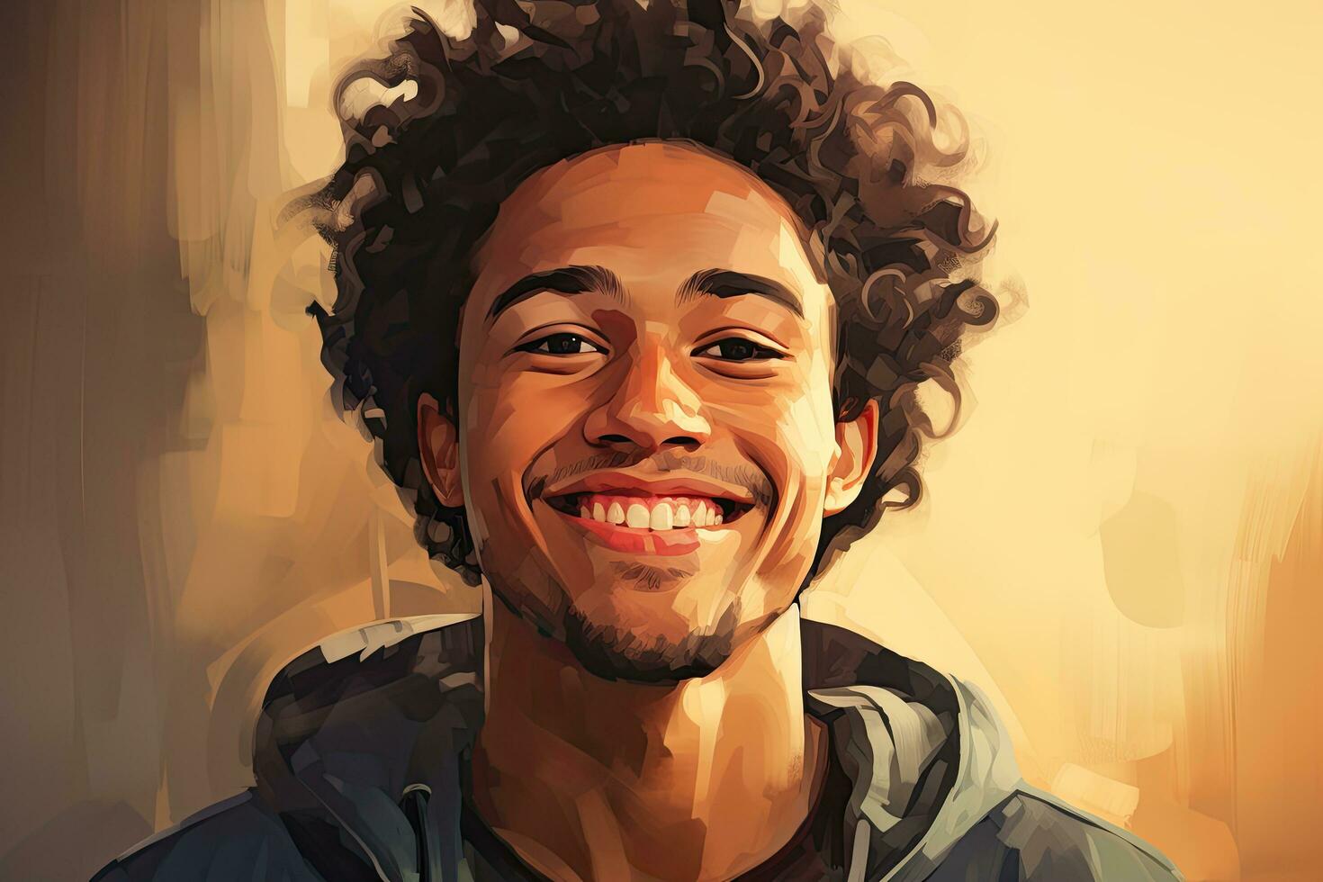Digital painting of a happy african american man with curly hair, Mixed race man smiling, AI Generated photo