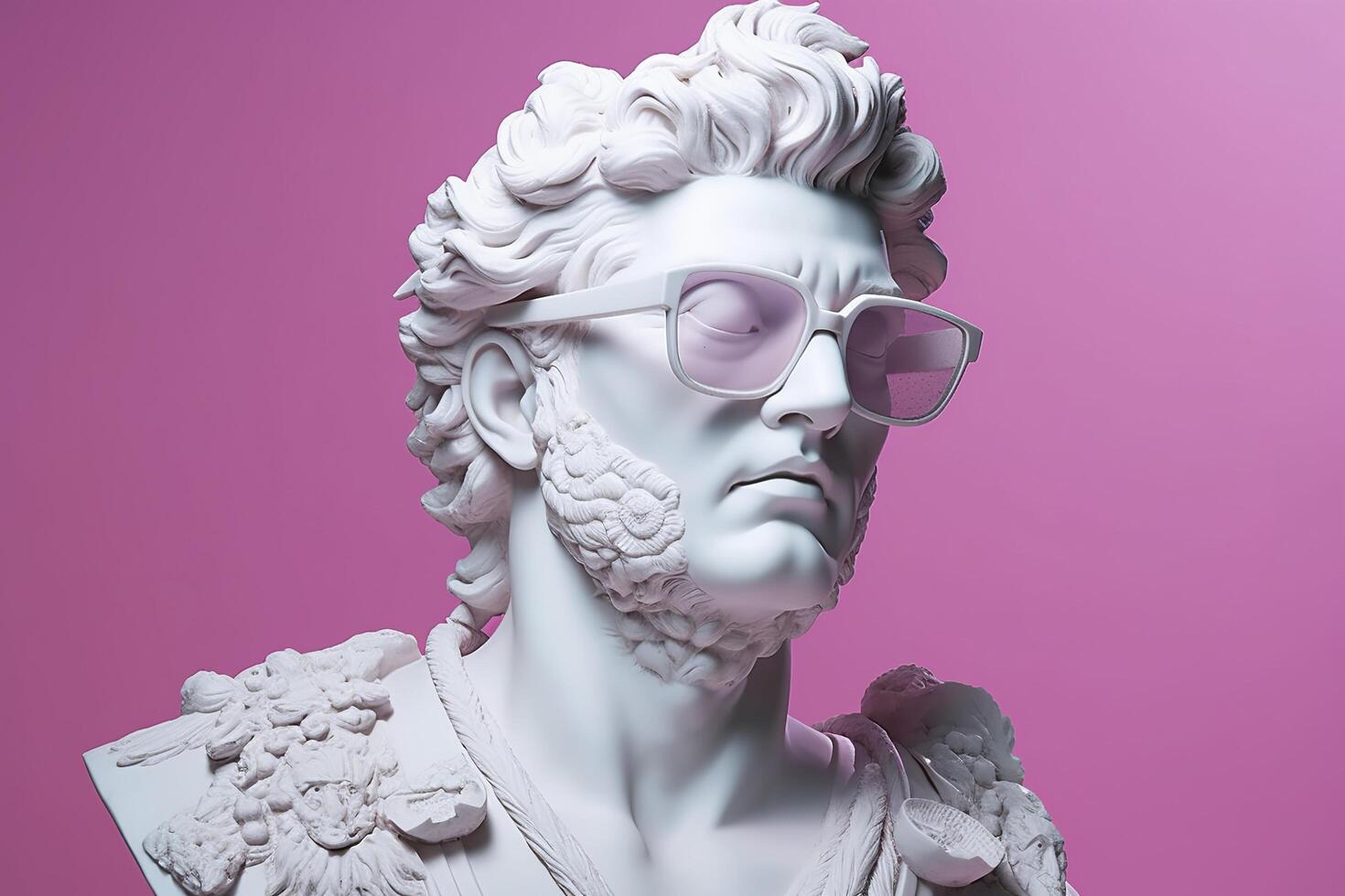 The head of a white mythological statue with fashionable pink glasses on his eyes, frame in profile. AI Generative photo