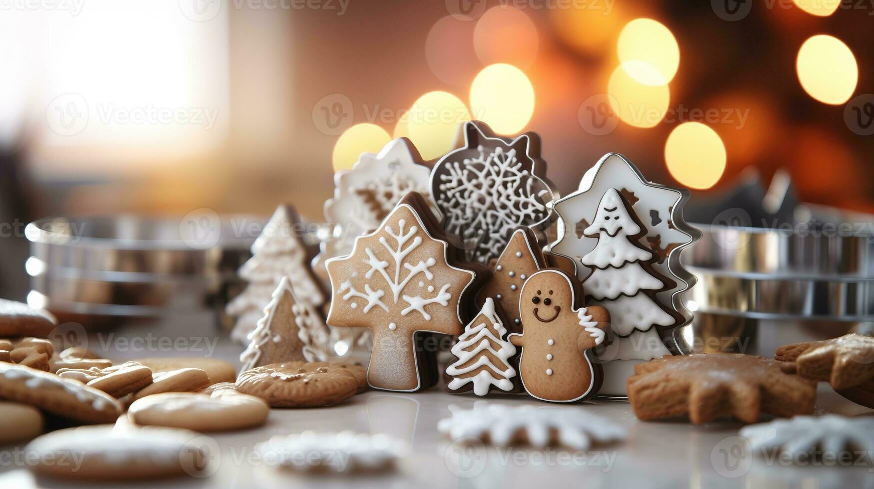 Christmas gingerbread cookies on table bokeh background. Paper for gift boxes prepared for holiday celebrations. photo